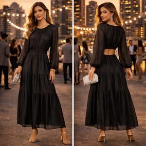 ANTHROPOLOGIE Moon River Crewneck Tiered Maxi Dress Black Shimmer Size Medium